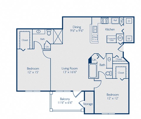 Floor plan for 2 beds, 2 baths, 1092 sqft